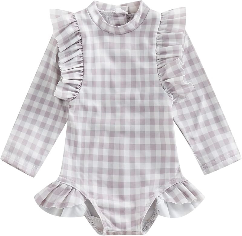 Karuedoo Baby Girls One Piece Swimsuit Zip Rash Guard Swimwear Ruffled Long Sleeve Bathing Suit | Amazon (US)