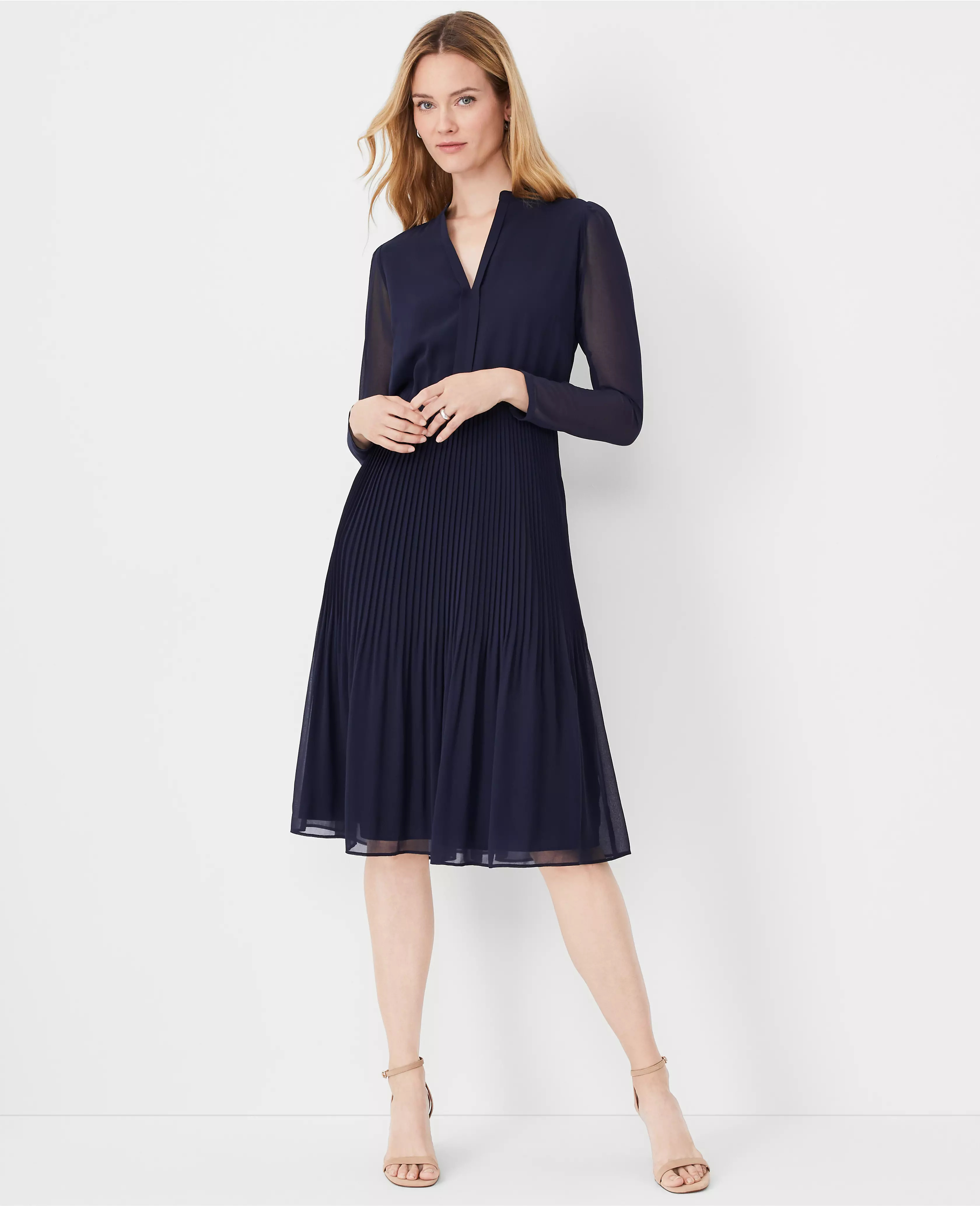 Pleated Long Sleeve Flare Dress | Ann Taylor (US)