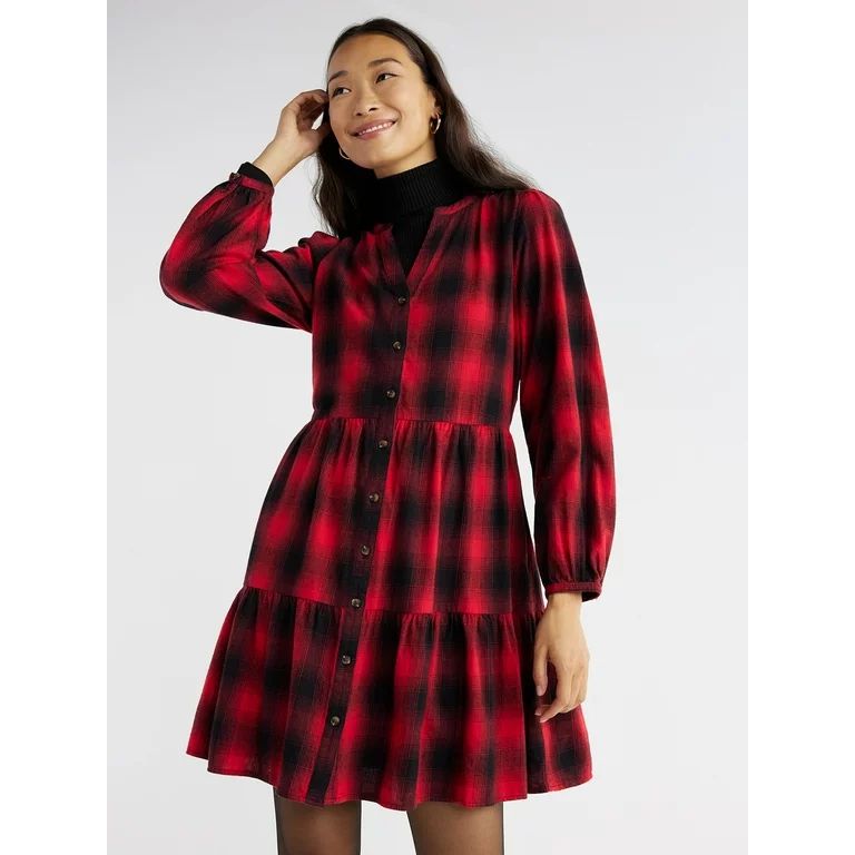 Time and Tru Women's Tiered Plaid Shirtdress with Puff Sleeves, Sizes XS-XXXL | Walmart (US)