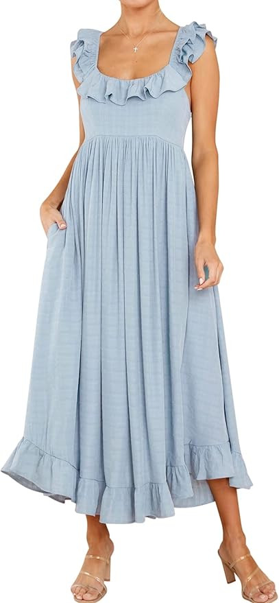 R.Vivimos Summer Dress for Women Sleeveless Boho Ruffle Square Neck Tie Back Casual Backless Flow... | Amazon (US)