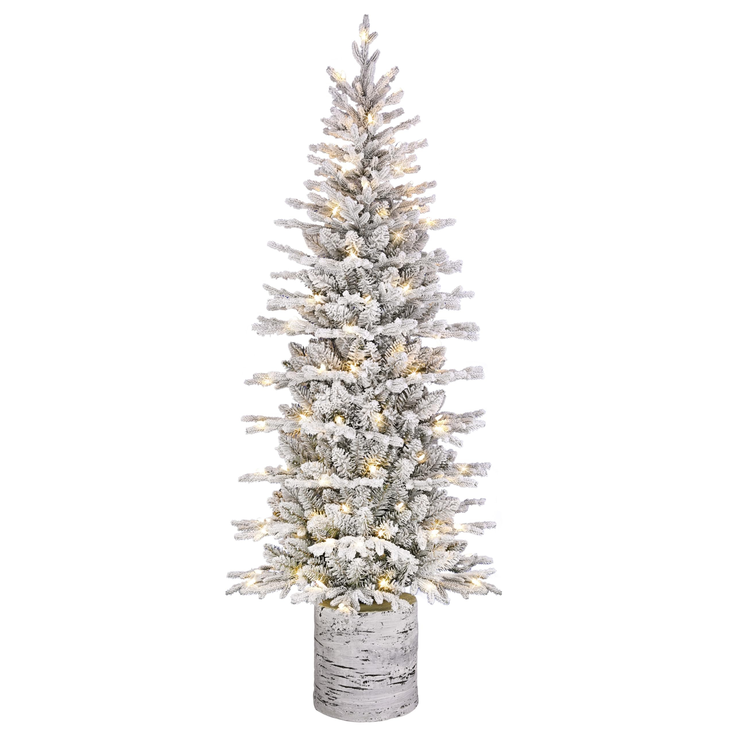 Puleo International 6ft Pre-Lit Potted Flocked Arctic Fir Pencil Christmas Tree with 120 Warm Whi... | Amazon (US)