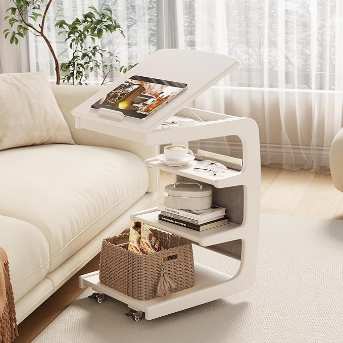 AQIMUELE Wooden C-Shaped End Table,Couch Desk with 2 Lockable Wheels,4-Tier Couch Table with Stor... | Amazon (US)