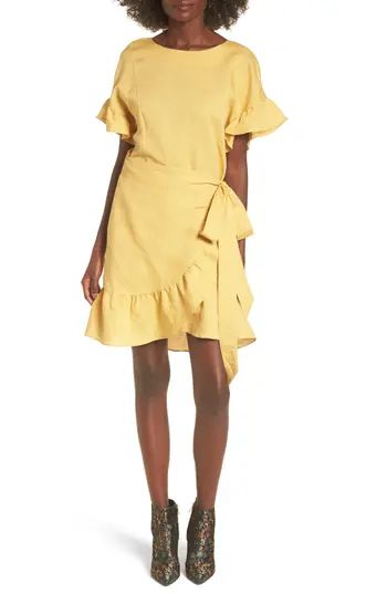 Women's Astr The Label Ruffle Linen Blend Wrap Dress, Size X-Small - Yellow | Nordstrom