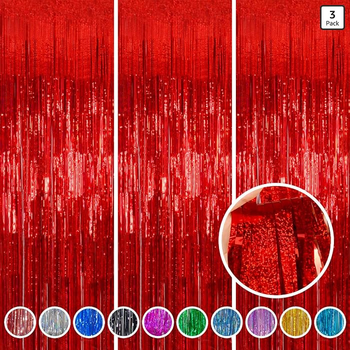 Red Foil Fringe Curtains 3 Pack 3.2 x 8.2 ft Shiny Tinsel Backdrop for Birthday Party Decorations... | Amazon (US)