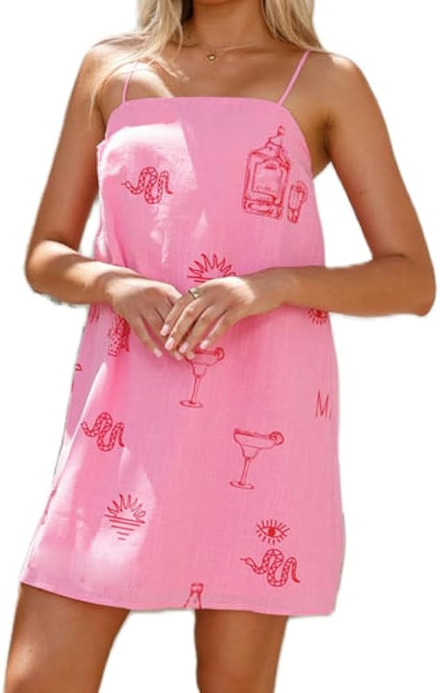 ROAONOCOMO Women Boho Graffiti Cami Mini Dress Spaghetti Strap Printed A Line Short Dress Cute Co... | Amazon (US)