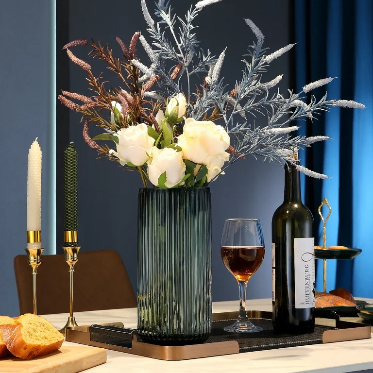 Ribbed Large Green Glass Ribbed Flower Vase for Dinning Table Decor | Walmart (US)