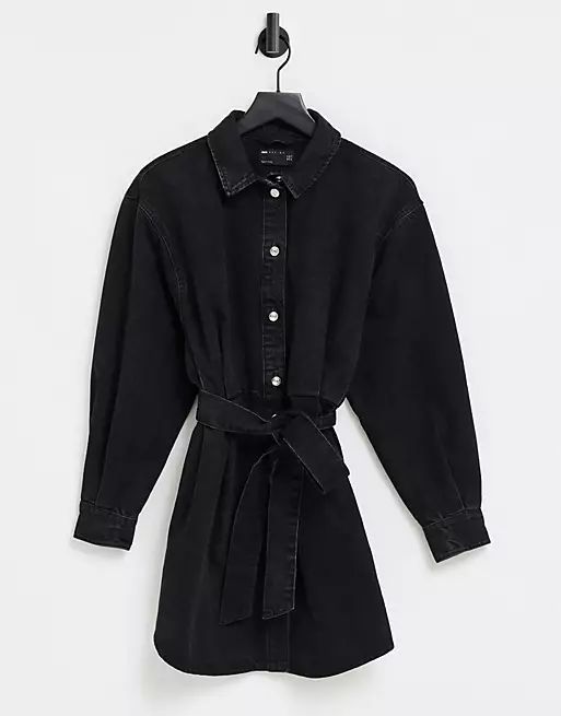 ASOS DESIGN Denim oversized belted shirt dress in washed black | ASOS (Global)