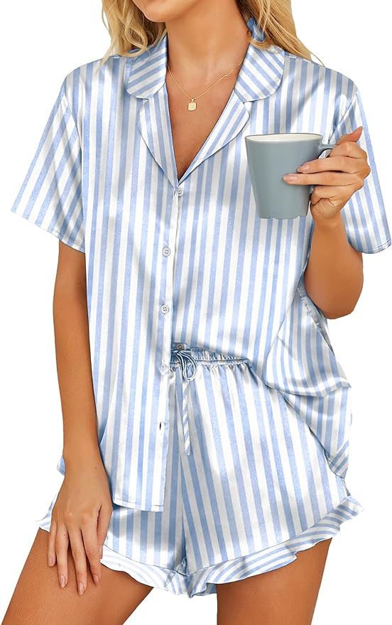 HOTOUCH Womens Satin Pajamas Set Button Down 2 Piece Silk Pjs Shorts Set Ruffle Lingerie Notch Co... | Amazon (US)