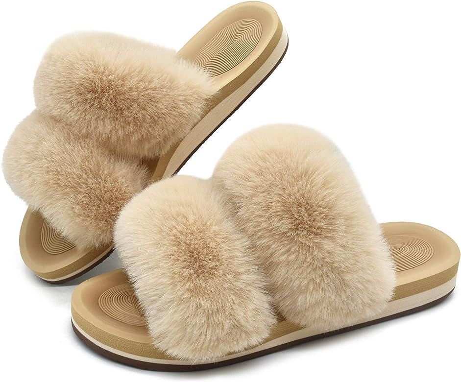 COFACE Womens Fur Sliders Plush Fluffy Slippers Memory Foam Flat Sandals for Ladies Arch Support Non | Amazon (US)