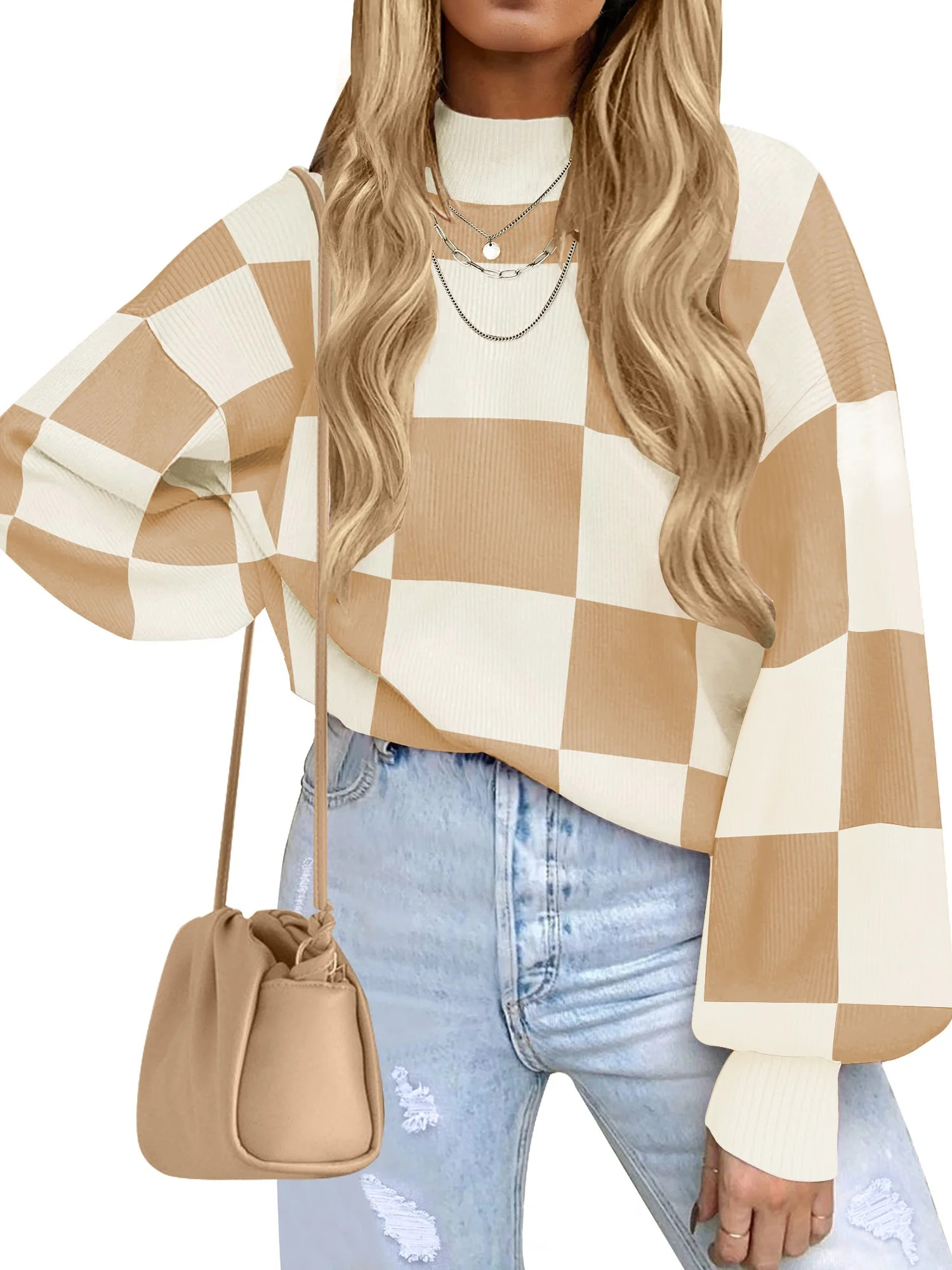 MOSHU Oversized Sweaters for Women Drop Shoulder Plaid Colorblock Tops Fall Crewneck Pullover Swe... | Walmart (US)