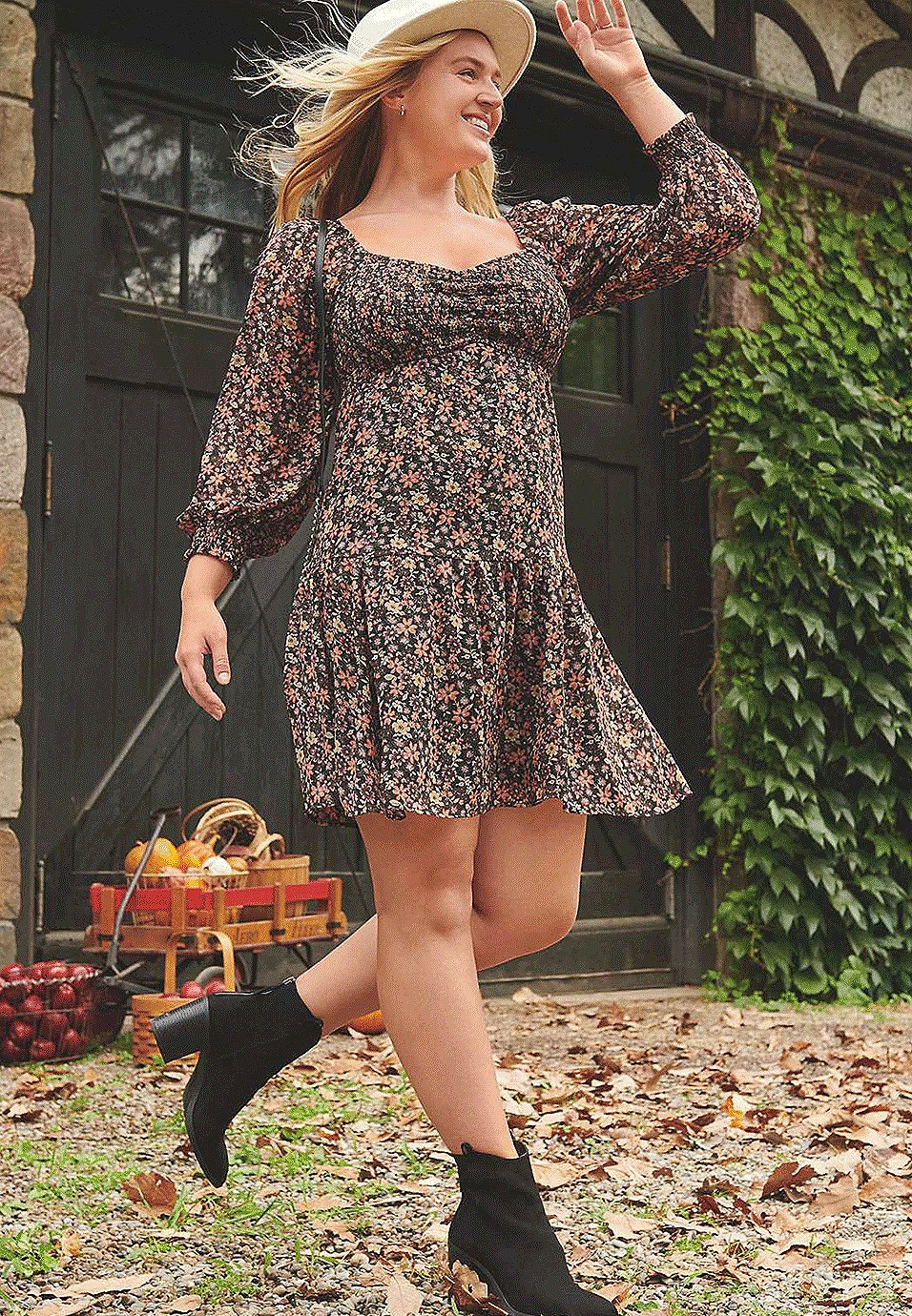 Black Floral Smocked V Neck Babydoll Mini Dress | Maurices