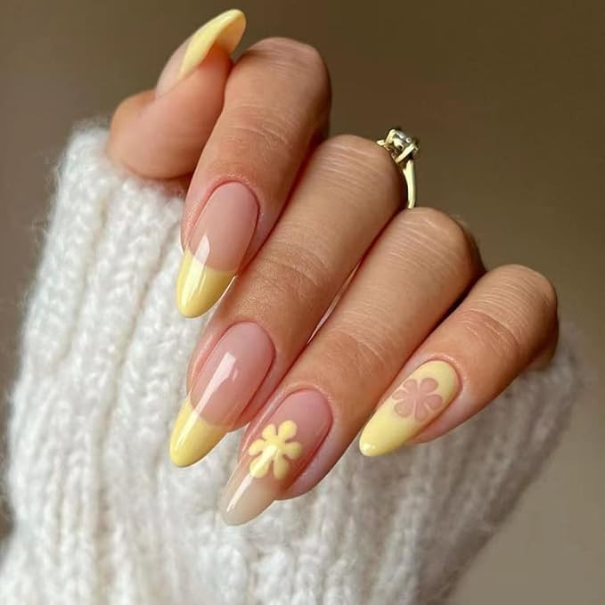 Florry Press on Nails Medium Fake Nails Almond Shape French Tip Nails with Flowers Design Glossy ... | Amazon (US)