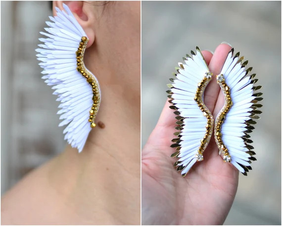 Wings earrings Sequins angel white gold wings earrings Statement huge chunky wedding prom celebri... | Etsy (US)