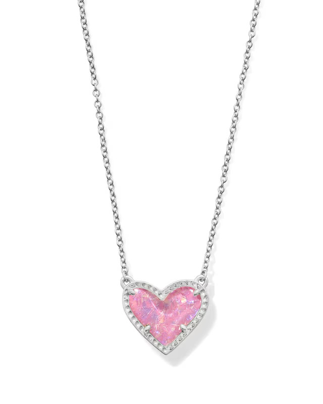 Ari Heart Silver Pendant Necklace in Pink Iridescent Glitter Glass | Kendra Scott | Kendra Scott
