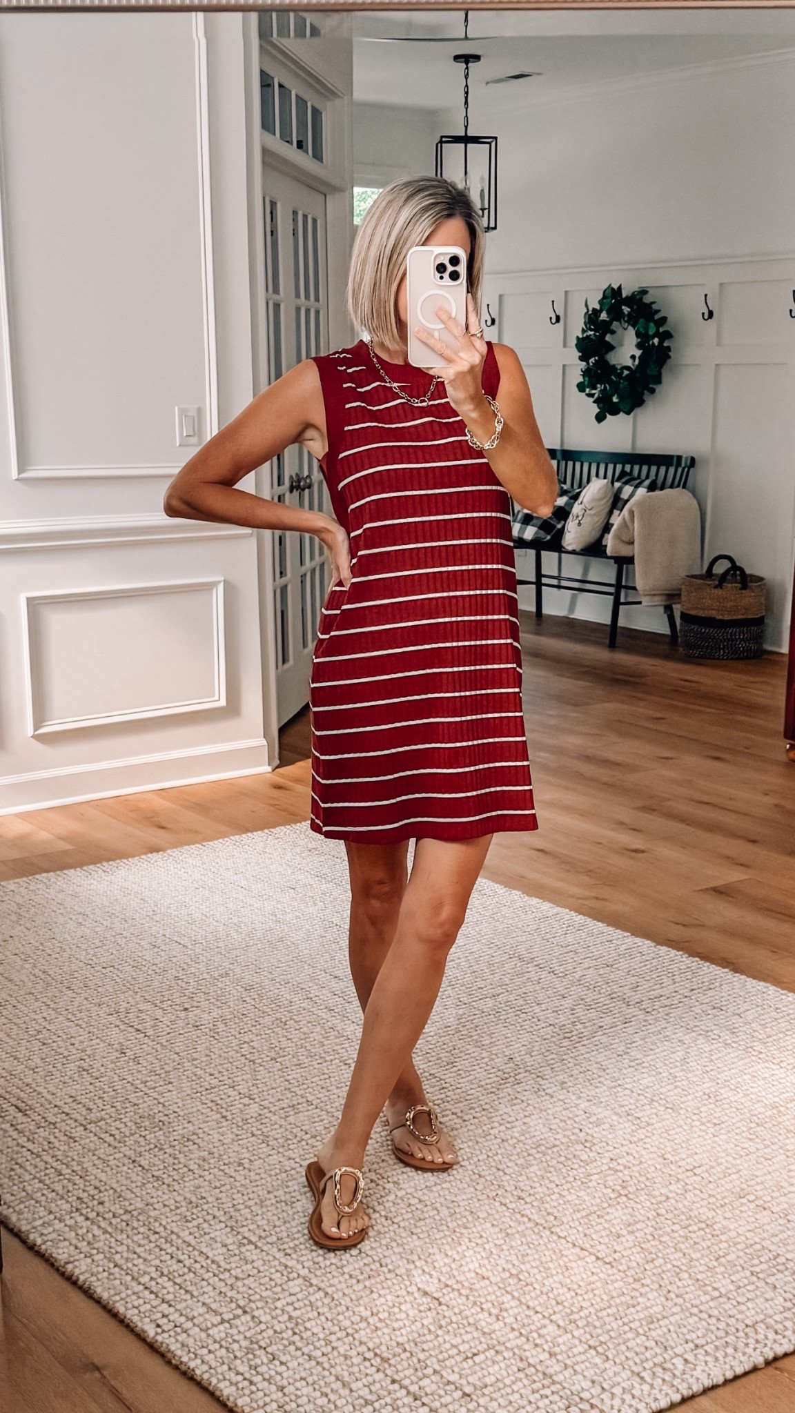 Striped knit dress perfect for fall paired with a blazer or denim jacket. I love the extra fabric piece under the arms to hide your bra. Wearing a small 

#LTKSeasonal #LTKFindsUnder100 #LTKOver40