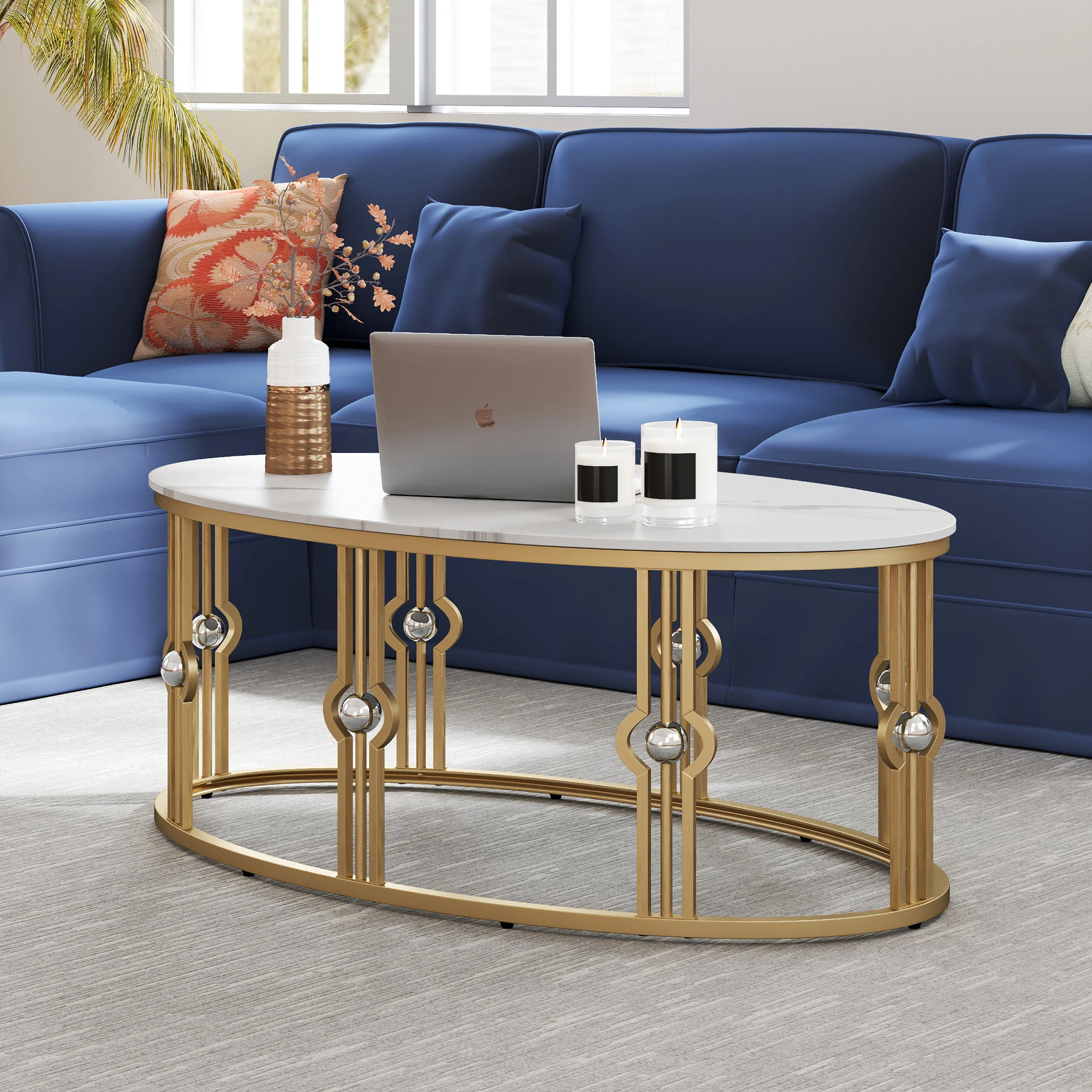 Oval Faux Marble Coffee Table with Sturdy Gold Metal Frame, Modern Center Tea Tables for Home&Off... | Wayfair North America