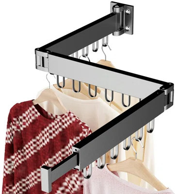 Space-Saving Wall-Mounted Foldable Clothes Drying Rack For Indoor And Outdoor Use, With 18 Hooks, Black | Wayfair North America