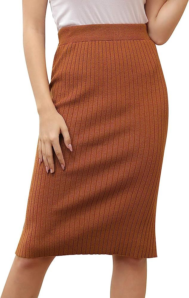 Kate Kasin Women's Knee Length Stretchy Ribbed Skirt for Office Work Hips-Wrapped Skirts | Amazon (US)