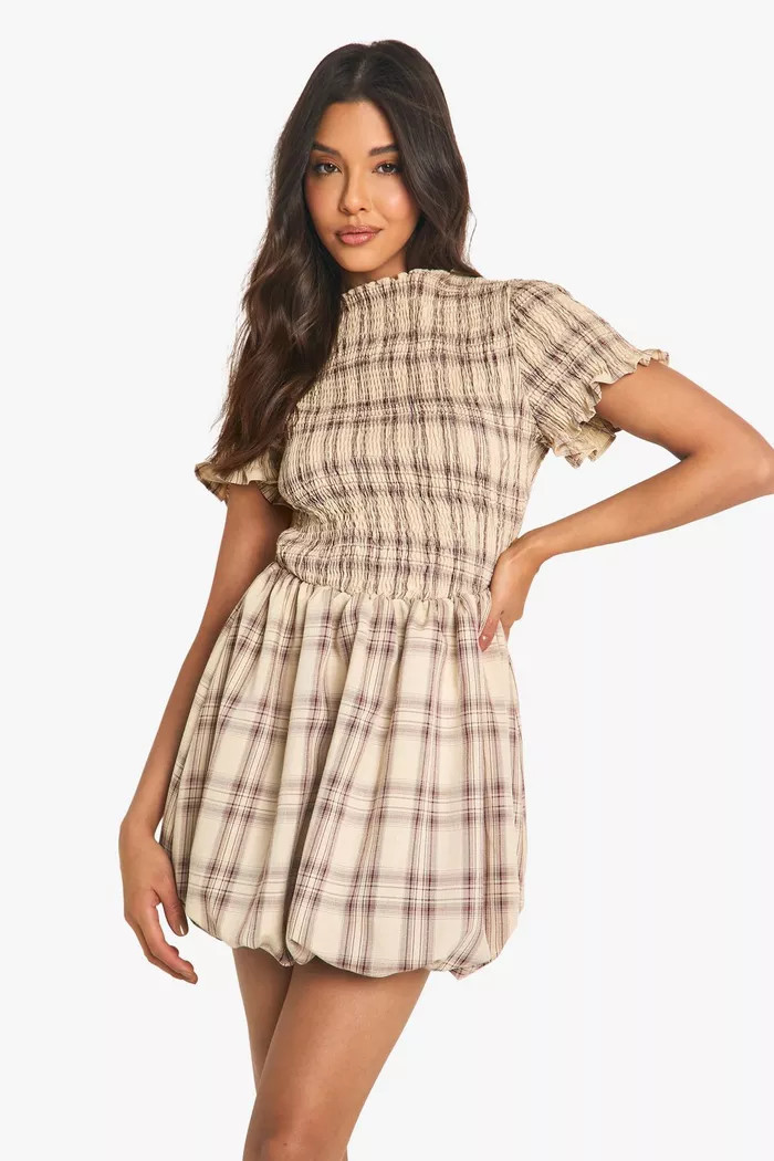Check Shirred Short Sleeve Puff Sleeve Mini Dress | boohoo (US & Canada)