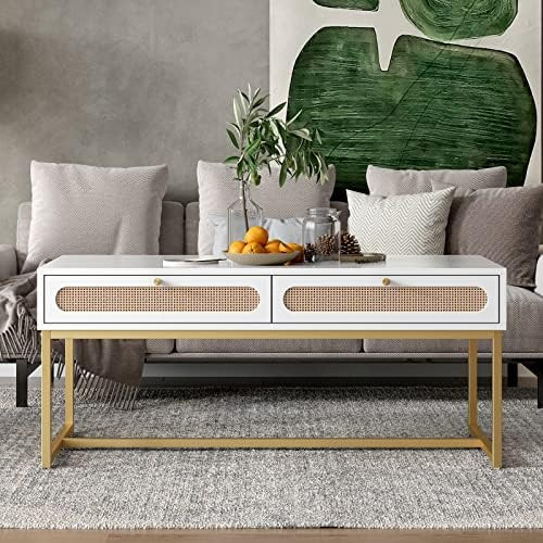 vistavie White Coffee Table with Drawer & Storage, Wood Center Table, Rattan Tea Table for Living... | Amazon (US)