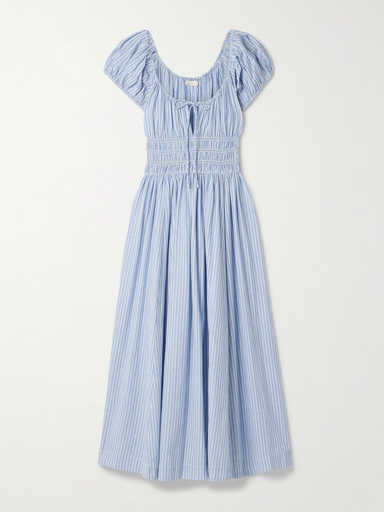 DÔEN - Quinn Tie-detailed Shirred Striped Organic Cotton-poplin Midi Dress - Blue | NET-A-PORTER (US)