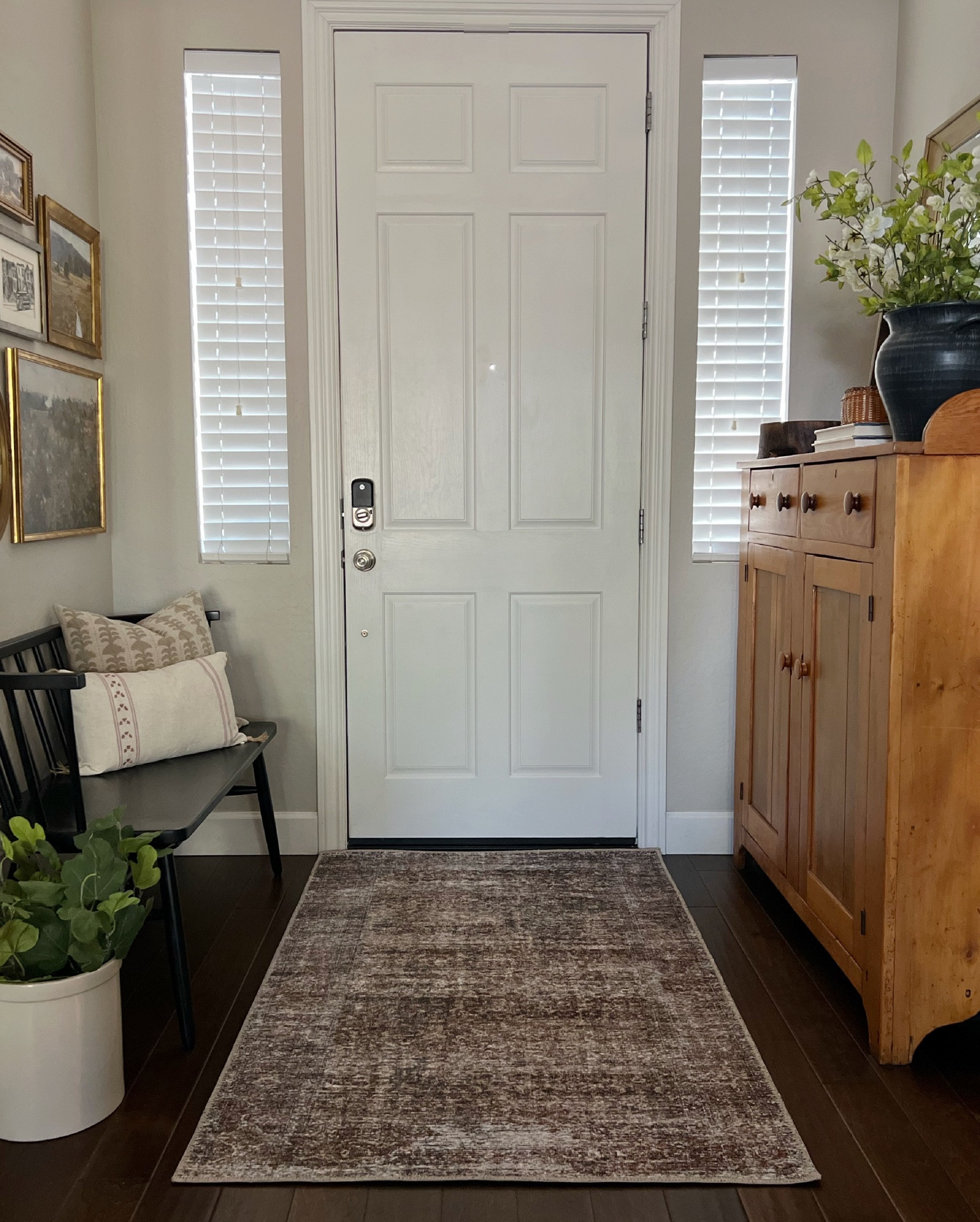Entryway decor, gallery wall, bench, throw pillow, artwork, framed art, wall decor, Landscape art, antique cupboard, floral stems, vase, pottery, area rug, vintage, Studio McGee, Hearth & Hand, Magnolia, modern organic, modern farmhouse, cottage, transitional

#LTKFind #LTKhome #LTKstyletip