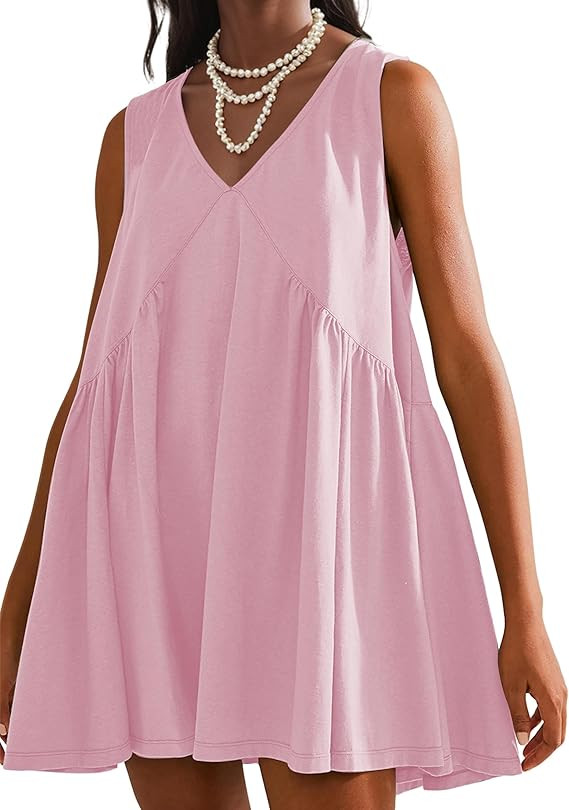 Womens Summer Sleeveless Mini Dress Casual Loose V Neck Sundress Swing Flowy Beach Dress with Poc... | Amazon (US)