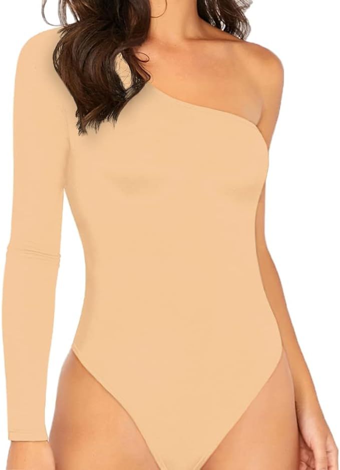 Allchic Womens Sexy One Shoulder Long Sleeve Bodysuit Tops Scoop Neck Jumpsuits | Amazon (US)