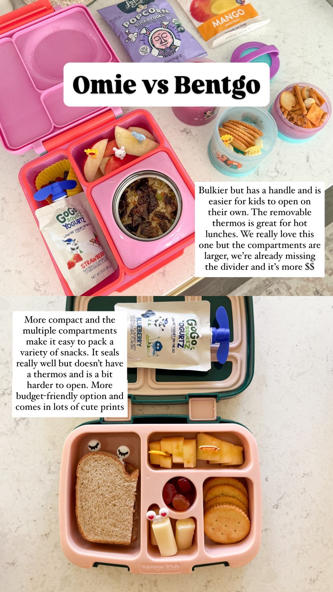 Lunch boxes for kids on Amazon Prime Day sale! 

Omie vs Bentgo

Omie -  Bulkier but has a handle and is easier for kids to open on their own. The removable thermos is great for hot lunches. We really love this one but the compartments are larger, we're already missing the divider and it's more $$

Bentgo - More compact and the multiple compartments make it easy to pack a variety of snacks. It seals really well but doesn't have a thermos and is a bit harder to open. More budget friendly option and comes in lots of cute prints

#LTKKids #LTKHome #LTKFindsUnder50