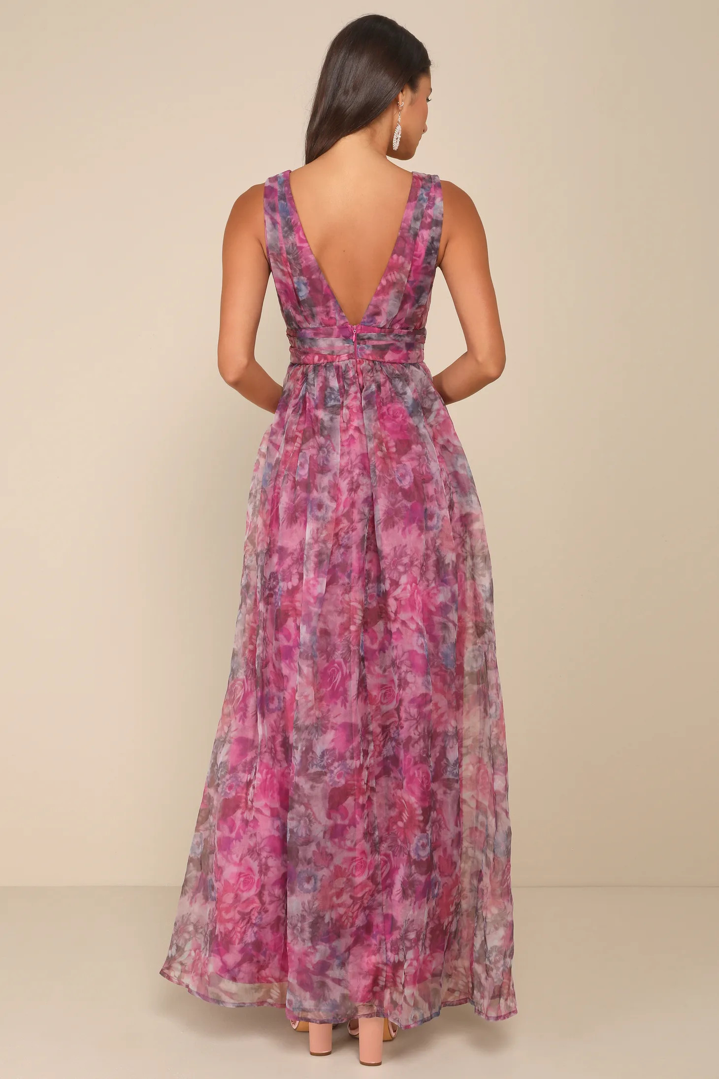 Garden Romance Magenta Floral Print Organza Maxi Dress | Lulus