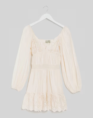 ASOS DESIGN sweetheart broderie mini dress with elasticated waist and long sleeves in cream | ASOS (Global)