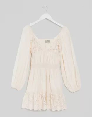 ASOS DESIGN sweetheart broderie mini dress with elasticated waist and long sleeves in cream | ASOS (Global)