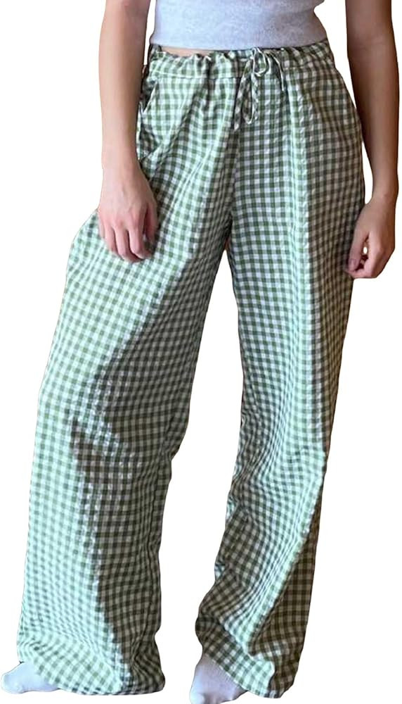 Women Plaid Striped Pants Elastic Waist Wide Leg Gingham Plaid Print Pajama Pants Casual Lounge T... | Amazon (US)