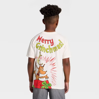 Boys' The Grinch and Max Christmas Front and Back Short Sleeve Oversized Graphic T-Shirt - Ivory M | Target