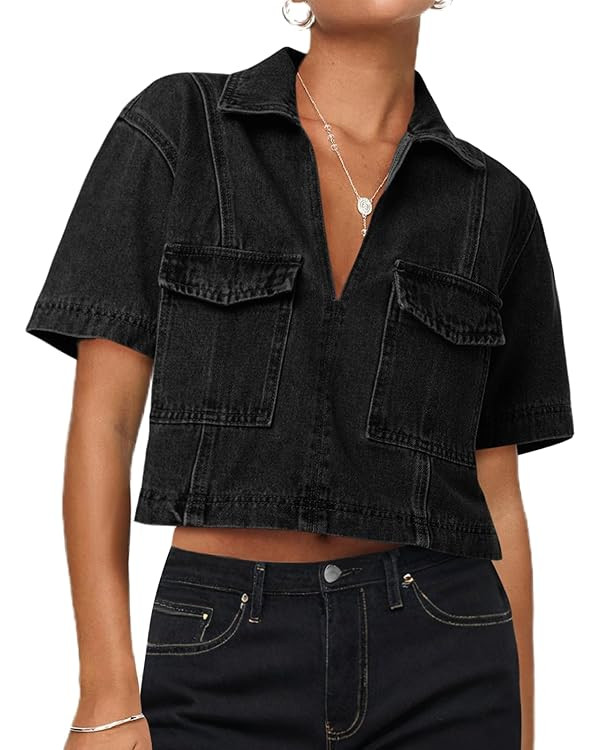 Cicy Bell Womens V Neck Denim Crop Tops Summer Y2k Going Out Jean Shirts Loose Fit Short Sleeve C... | Amazon (US)
