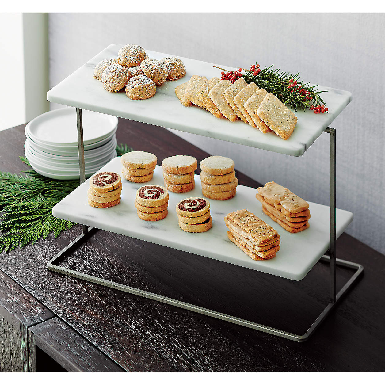 French Kitchen White Marble 2-Tier Server Cupcake Stand + Reviews | Crate & Barrel | Crate & Barrel
