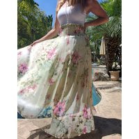 Maya Antonia Custom Light Green-Lime-Pink-Floral Smocked Waist Chiffon Maxi Skirt, Strapless Dress,  | Etsy (US)