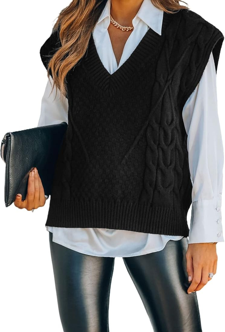 Dokotoo Sweater Vest Women Knitted V Neck Oversized Sweaters Sleeveless Knitwear Tank Tops | Amazon (US)