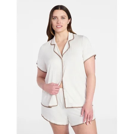 Joyspun Women’s Notch Top and Boxer Shorts Pajama Set with Blanket Stitching 2-Piece Sizes XS-3X | Walmart (US)