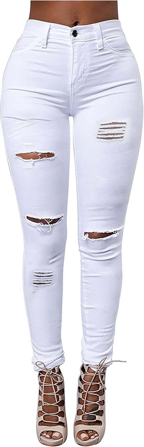 Women's Hight Waisted Butt Lift Stretch Ripped Skinny Jeans Distressed Denim Pants (US 2, White 1... | Amazon (US)