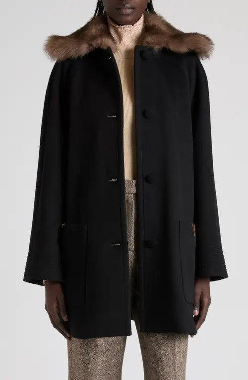 Valentino Genuine Shearling Collar Wool Coat in Black at Nordstrom, Size 8 Us | Nordstrom