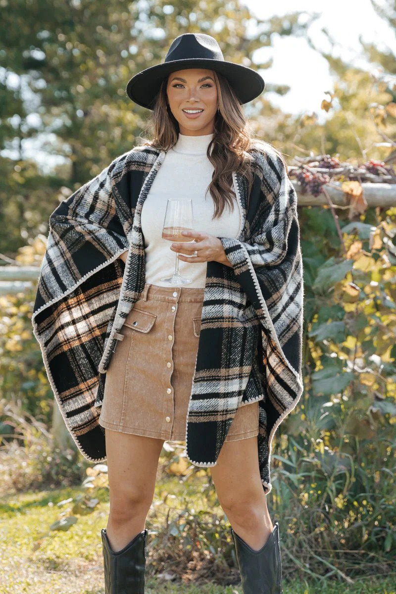 Black Plaid Ruana Wrap Open Shawl | Magnolia Boutique | Magnolia Boutique