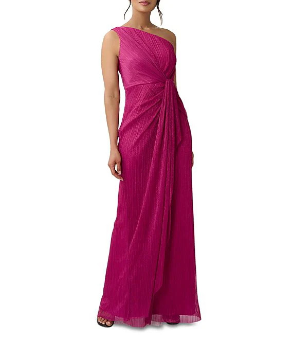 One Shoulder Metallic Knit Sleeveless Front Ruched Gown | Dillard's