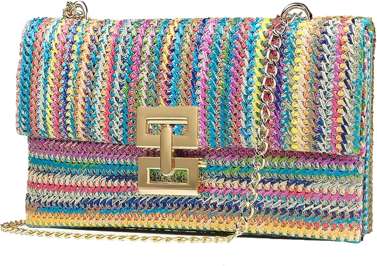 Women Straw Chain Clutch Purse with Fixed Adjustable Chain for Summer Beach Evening Vacation Part... | Amazon (US)