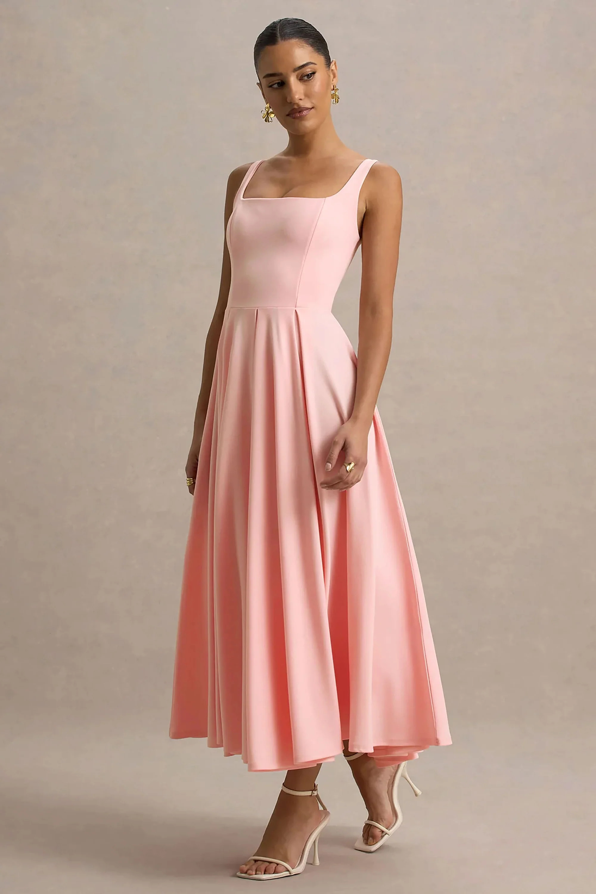 Parina | Pink Strappy Volume-Hem Midi Dress | Club L London