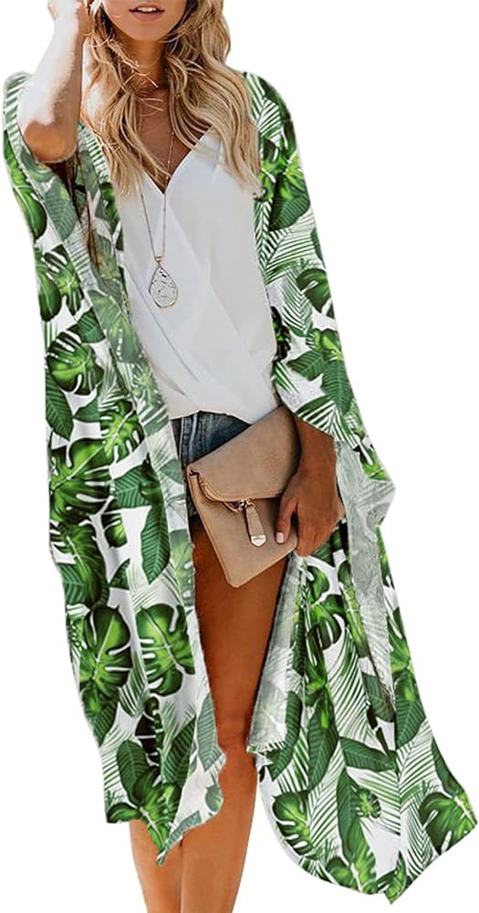 MayBuy Women's Summer Long Flowy Kimono Cardigans Boho Chiffon Beach Cover Up Tops | Amazon (US)