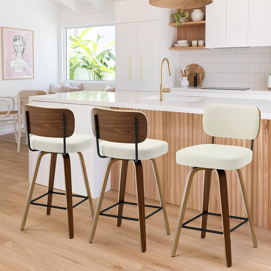 Swivel Counter Height Bar Stools Set of 3, 26" Upholstered Faux Leather Barstools with Back and B... | Amazon (US)
