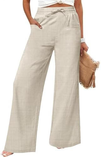 Women's Casual Linen Wide Leg Pants with Pockets Boho Palazzo High Waisted Drawstring Lounge Trou... | Amazon (US)