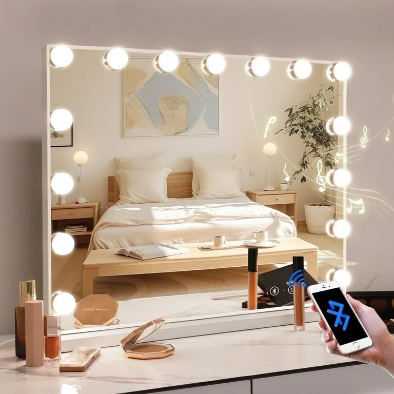 Fenchilin 23''x18'' Vanity Mirror with Lights Bluetooth Tabletop Wall Mount Metal White | Walmart (US)