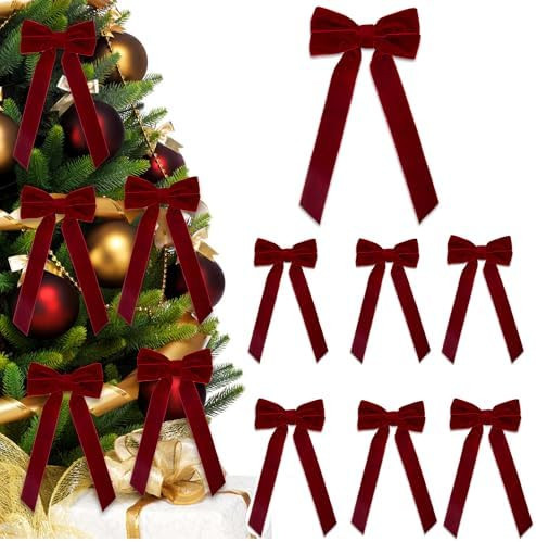 Bows for Christmas Tree,7 Pcs Small Red Velvet Ribbon Bows for Tree Topper, Rustic Vintage Holida... | Amazon (US)